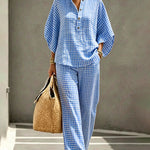 Timeless Cotton Blend Batwing Sleeve Plaid Top and Pants Set