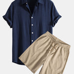 Linen Rayon Blend Button Up Shirt & Crinkled Textured Drawstring Shorts