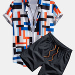 Striped Color Block Print Button Up Shirt & Swim Shorts