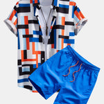 Striped Color Block Print Button Up Shirt & Swim Shorts