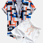 Striped Color Block Print Button Up Shirt & Swim Shorts