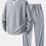 Relax Fit Long Sleeve 2 In 1 Waffle T-Shirt & Waffle Pleated Pintuck Straight Leg Pants