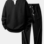 2 In 1 Waffle Notched Collar Sweatshirt & Waffle Pleated Pintuck Straight Leg Pants