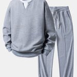 2 In 1 Waffle Notched Collar Sweatshirt & Waffle Pleated Pintuck Straight Leg Pants