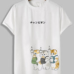Men's Japanese Cartoon Cat Print Basic T-Shirt