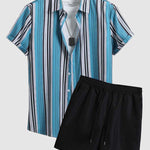 Men's color blocking striped printed casual shirt shorts set
