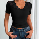 Versatile V-neck Lace Splicing Pit-Stripe Knit Wrap Top
