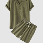 Men's solid color cotton-linen casual vacation short-sleeved shirt and shorts set