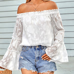 Zeagoo Off The Shoulder Tops Floral Print Casual Loose Chiffon Bell Sleeve Blouse Shirts