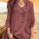 Zeagoo Solid V-Neck Tees Lace Splicing Fold Blouse Flowy Casual Loose Fit Shirt