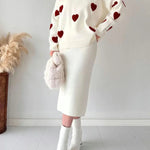 Zeagoo Women's Chic Two-piece Set Hearts Knit Pullover and Hip Wrap Skirt