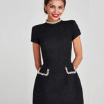 Zeagoo Elegant Fitted Pearl Trim Tweed Dress for Women Casual Summer Vacation 2026