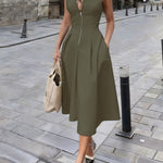 Zeagoo Women's Casual Sleeveless Zipper Midi Dress With Pockets