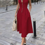 Zeagoo Women's Casual Sleeveless Zipper Midi Dress With Pockets