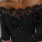 Zeagoo Glitter Off The Shoulder Lace Spliced Top for Women Elegant Date Night Party 2026 | Under $40