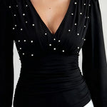 Zeagoo Elegant V-neck Pearl Embellished Top for Women Casual Work Office Loose Fit 2026 | Under $40