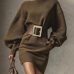 Zeagoo Women's Chic Belted Lantern Sleeves Knit Mini Dress