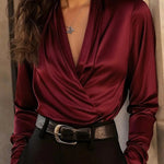 Zeagoo Luxurious Satin Deep V-Neck Long Sleeve Blouse for Women Elegant Office Work Dressy 2026 | Under $40