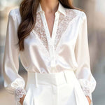 Zeagoo Urban V-neck Lace Splicing Puff Sleeve Blouse for Women Elegant Date Night Party 2026 | Under $40