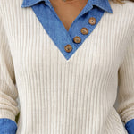 Zeagoo Women's Casual Denim Patchwork Ribbed Knit Blouse