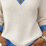 Zeagoo Women's Casual Denim Patchwork Ribbed Knit Blouse