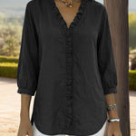 Zeagoo Trendy V-neck Ruffled Trim Lantern Sleeve Blouse for Women Cute Summer Casual 2026 | Under $40