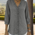Zeagoo Trendy V-neck Ruffled Trim Lantern Sleeve Blouse for Women Cute Summer Casual 2026 | Under $40
