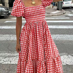 Zeagoo Women's 2026 Summer Boho Plaid Square Neck Midi Dress Casual A Line Flowy Sundress with Pockets Beach Vacation