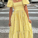 Zeagoo Women's 2026 Summer Boho Plaid Square Neck Midi Dress Casual A Line Flowy Sundress with Pockets Beach Vacation