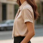 Zeagoo Elegant Satin Tie Design Short Sleeve Blouse for Women Elegant Office Work Dressy 2026 | Under $40