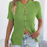 Summer Breathable Button Up Short Sleeve Knit Blouse
