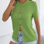 Summer Breathable Button Up Short Sleeve Knit Blouse