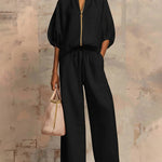 Versatile Casual Zip Front Puff Sleeve Shirt and Pants Set