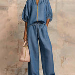 Versatile Casual Zip Front Puff Sleeve Shirt and Pants Set