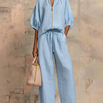 Versatile Casual Zip Front Puff Sleeve Shirt and Pants Set