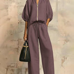 Versatile Casual Zip Front Puff Sleeve Shirt and Pants Set