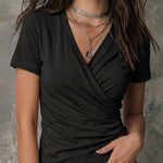 Versatile Crossover V-neck Pleated Short Sleeve T-shirt