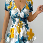 Stylish Ruffled Trim Watercolor Floral Print Chiffon Top