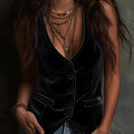 Velvet Deep V Neck Button Front Vest