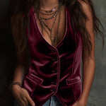 Velvet Deep V Neck Button Front Vest