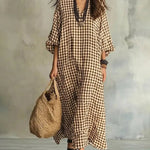 V Neck Batwing Sleeve Plaid Oversized Maxi Dress