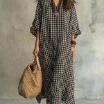 V Neck Batwing Sleeve Plaid Oversized Maxi Dress