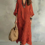 V Neck Batwing Sleeve Plaid Oversized Maxi Dress