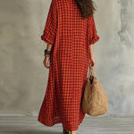 V Neck Batwing Sleeve Plaid Oversized Maxi Dress