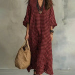 V Neck Batwing Sleeve Plaid Oversized Maxi Dress