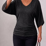 Versatile V-neck Batwing Sleeves Elastic Knit Top