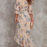 Beige Turtleneck Oil Painting Floral Print Irregular Chiffon Maxi Dress