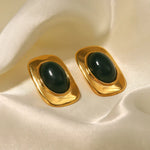 Vintage 18K Gold-Plated Green Opal Oval Earrings