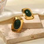 Vintage 18K Gold-Plated Green Opal Oval Earrings