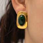 Vintage 18K Gold-Plated Green Opal Oval Earrings